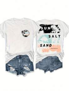 Women's Pattern Printed T-Shirt Casual Round Neck Short Sleeve Top Summer And Spring Fashion Polyester Material Regular Length Knitted Fabric Sunshine Salt Sand Design Loose And Comfortable Summer Tops - trắng - Xem 2