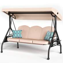 ZZW 3 Seat Outdoor Porch Patio Swing With Stand 800lbs 2-In-1 Convertible Swing Bed With Adjustable Canopy & Removable Cushion For Yard Garden Deck - 卡其色 - 查看 8