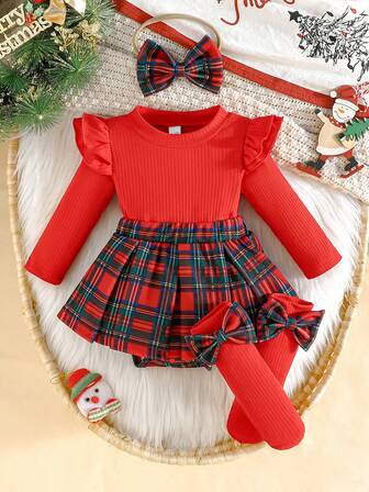Baby Girl Ribbed Ruffle Hem Plaid Print Bodysuit, Cute Infant With Socks And Headband Set