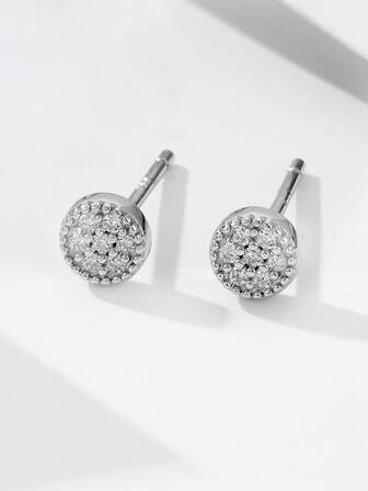 1 Pair S925 Sterling Silver Cute Mini Zirconia Stud Earrings For Women, Minimalist Round Full Diamond Earrings, Versatile Jewelry Accessories