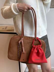 2pcs Solid Color Autumn/Winter New Suede Tote Bag, Versatile Commuter Boston Handbag With Large Capacity, Shoulder & Top Handle, With Accessory Charm - Brown - View 6