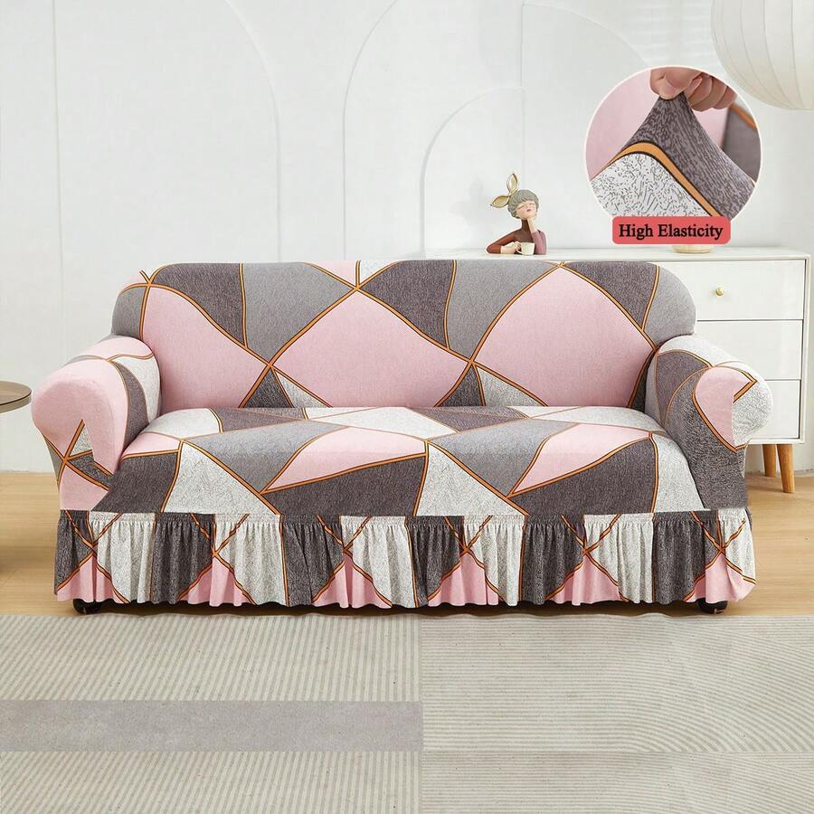 1PC Geometric Skirt Sofa Cover Elastic Living Room Sofa Protective Cover - 粉色 - 查看 1
