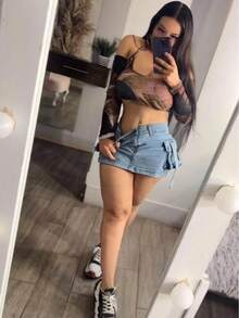 Short-falda vaquera sexy informal ajustada para mujer con bolsillos, cremallera y botones, falda corta de lavado claro y muy elástica. - Neblina azul - Ver 3