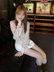 Cute Polka Dot Knit Cardigan, Slim Fit Sweater, Long Sleeve Top For Women - Pink - View 3