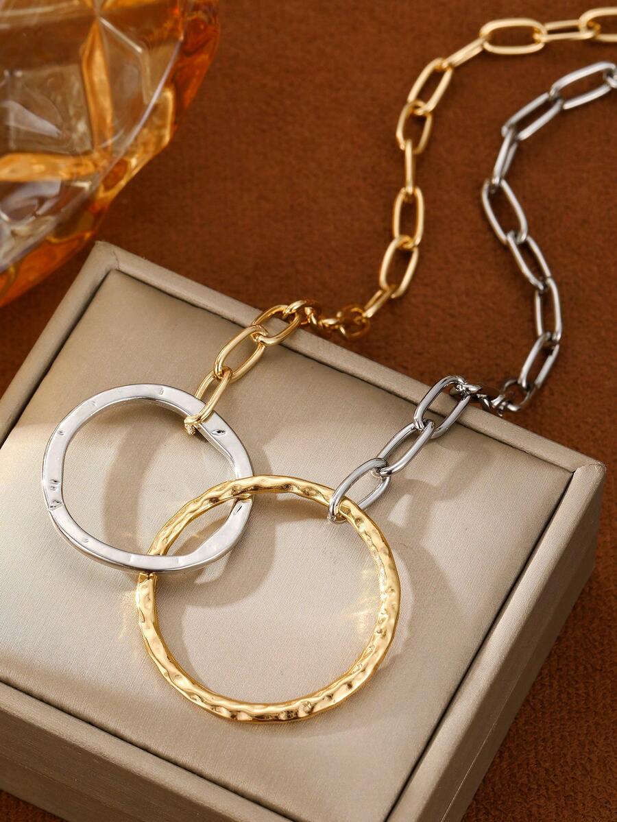 1pc Women's Minimalist Fashion Dual-Color Chain Necklace With Geometric Pendant, Versatile Elegant Accessory, Ideal Gift - Multicolor - View 1