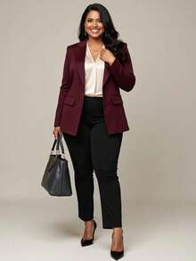 Women's Plus Size Tailored Blazer Elegant Office Autumn Winter Casual Social - 酒紅色 - 查看 2