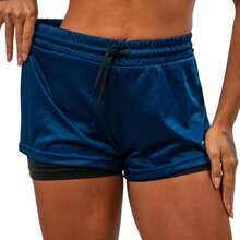 Women's Double Gym Shorts With Hidden Pocket Back Loop For Towel/Perforated Dryfit T-Shirt - Navy Blue - View 4