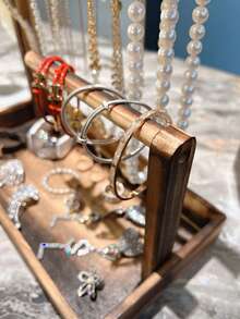 1pc Rustic Wooden Jewelry Organizer Stand - Versatile Desktop Display For Necklaces, Bracelets, Watches, Beads - Rectangular Solid Wood Jewelry Rack, No Electricity Needed, Jewelry Towers