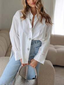 Elegant Long Solid Color Polyester Loose Fit White Shirt With Front Button & Rhinestone Decor, Suitable For Vacation In Autumn Spring - White - View 1