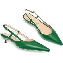 Womens Fashion Slingback Matte Leather Wedding Pointed Toe Slip Kitten Low Heel Pumps Shoes 1.5 Inchhalloween - màu xanh lá - Xem 3