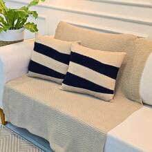 Sofa Armchair Knitting Blanket Kit 150x100cm Siena Decorative Living Room + 2 Cushion Covers 45X45cm - 卡其色和海軍藍 - 查看 6