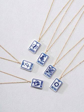 1 件复古塔罗牌陶瓷吊坠项链，双面太阳、月亮、星星和心形吊坠项链，适合女性日常佩戴/生日礼物