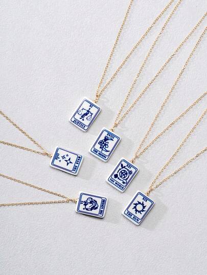 1 colar com pingente de cerâmica vintage com cartas de tarô, colar com pingente de sol, lua, estrela e coração, dupla face, adequado para uso diário feminino/presente de aniversário