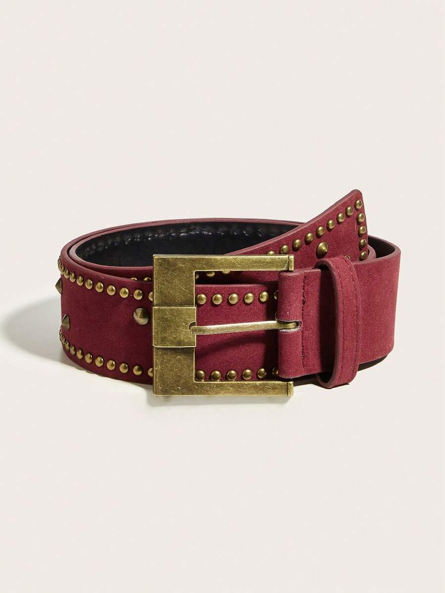 1 chiếc thắt lưng nữ PU (Polyurethane) màu nâu đinh tán mới, phù hợp với quần jean, váy, áo khoác, thiết kế thời trang theo phong cách phương Tây cổ điển, đa năng để sử dụng hàng ngày - Màu Đỏ Sâu - Xem 1