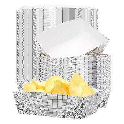 10pcs/20pcs/50pcs Disco Theme Food Trays Silvery Disco Ball Paper Dinner Boat Trays Plates Dinnerware Party Supplies 70s 80s 90s Wedding Birthday Bachelorette Party Decorations Supplies