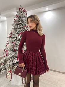 闪亮亮片休闲半身裙，适合派对、度假、约会和日常穿着。 - 酒紅色 - 查看 3