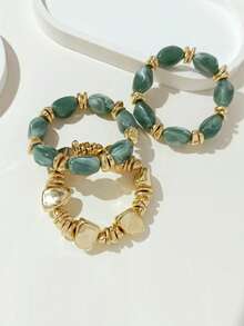 3 pièces Bracelet acrylique épais vintage multicouche et multicolore avec perles, bracelet transformable avec pépites dorées, pour femmes, couples, fêtes, port quotidien - Multicolore 17 - Voir 4