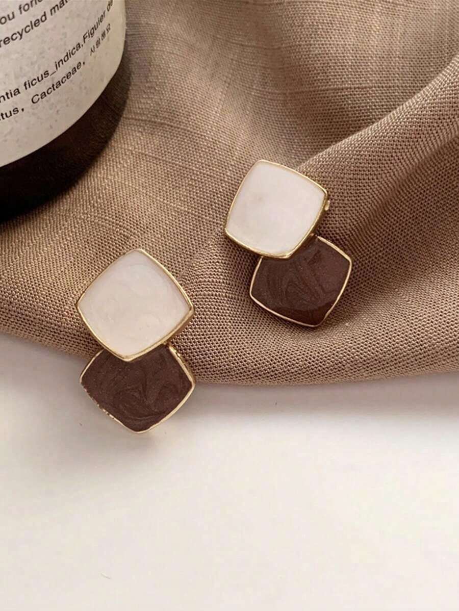 HOTNICE 2pcs Elegant Minimalist Color-Block Design Earrings For Women, Suitable For Daily Wear And Parties - Coffee - View 1