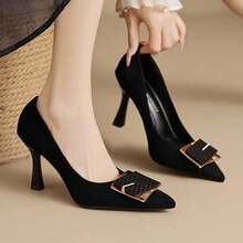 Las mujeres de tacón alto francés hebilla cuadrada primavera y otoño temperamento cien con punta boca poco profunda zapatos individuales - Negro - Ver 7