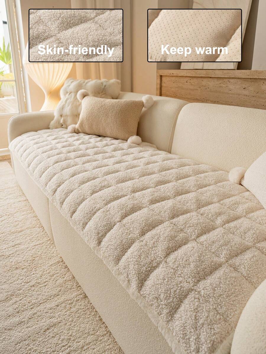 1pc Thickened Plush Sofa Cover, Jacquard Quilted Craftsmanship, Warm & Soft, Pet-Friendly, Dirt & Scratch Resistant, Suitable For All Seasons, Applicable For 1/2/3/4 Seater Sofa
