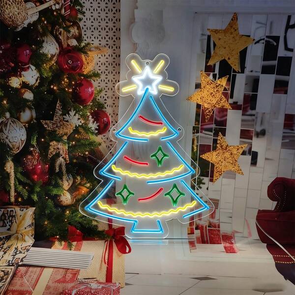 1 Pieza Letrero de Neón de Árbol de Navidad, Luces LED Navideñas, Decoración de Pared con Alimentación USB, Adecuado para Decoraciones Navideñas Interiores y Exteriores, Decoración de Fiesta y Bar, Hecho de Plástico, Montado en Pared, Control de Interruptor, Sin Batería Requerida.