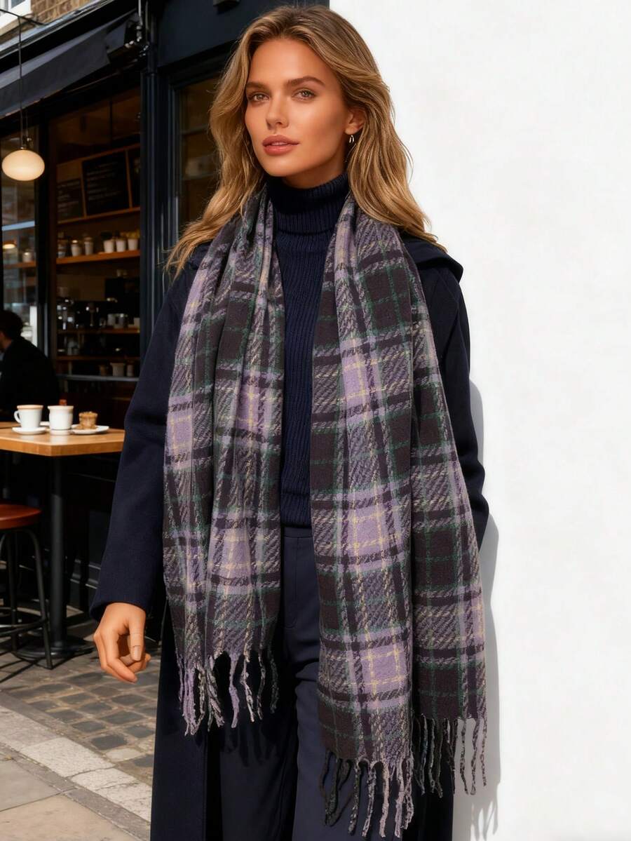 1 pieza Bufanda de otoño/invierno, Bufanda jacquard a cuadros de cachemira sintética larga talla grande vendida en 2025, Chal suave y cálido para mujer, Accesorio versátil