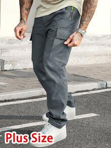 Plus Size Men's Casual Cargo Pants, Drawstring Waist, Zipper Pockets - Lightweight Polyester Fabric, Suitable For Spring/Summer Running, Training And Outdoor Activities, Casual Outdoor Pants - Grey - View 4