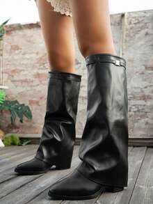 秋冬女式尖头粗跟坡跟性感裤装靴，复古过膝长靴，搭配打底裤 - 黑色 - 查看 7