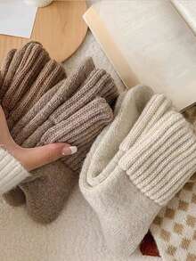 5 Paar Damen Dicke Thermisch Gefütterte Einfache Stil Warme Crew Socken, Herbst/Winter, Kuschelige Socken