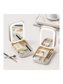 Portable LED Lighting Makeup Mirror Box - Foldable Travel Cosmetic Storage Box With USB Rechargeable Battery, Pink Leather Design, Suitable For Students, Women's Jewelry Storage And Portable Beauty, Small Makeup Case | Foldable Mirror Box | Faux Leather Finish