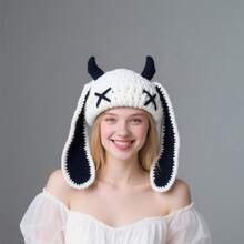1 Pc Cute Handmade Cow Horn Rabbit Ear Headpiece Warm Autumn And Winter Knitted Hat - 白色 - 查看 10