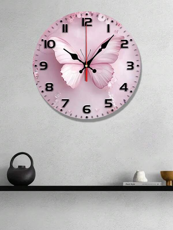 10/12Inch Pink Butterfly & Floral Silent Wall Clock - Wood Veneer, Round Design, Battery Operated (AA Battery Not Included) - Perfect For Living Room, Bedroom, Kitchen - Aesthetic Home And Office Decor, Kitchen Timepiece | Elegant Wall Clock | Clear Numeral Display, Wall Clock Living Room