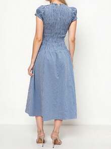 Women's Gingham Print Long Dress Short Sleeve Crew Neck Smocked Dress Spring  Midi Dress - 天藍色 - 查看 5