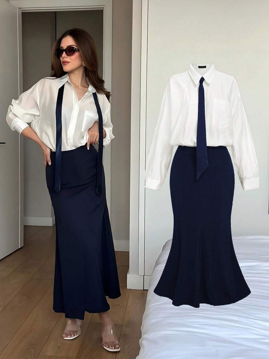 2pcs/Set Elegant Minimalist Business Commute Fashion Long Sleeve Shirt & Mermaid Skirt Outfit With Tie, Office Wear, Autumn/Winter, Tie Included