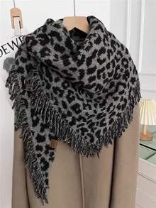 1pc Fashionable Leopard Print Fringe Scarf, Versatile High-End Winter Shawl