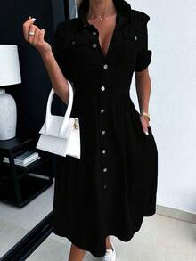 Women's Denim Shirt Dress V-Neck Short Sleeved Waist A-Line Jeans With Pockets Dress - 黑色 - 查看 5