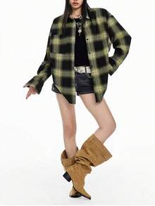 女士休闲复古格子长袖衬衫，宽松翻领衬衫，通勤百搭，时尚上衣带口袋，面料柔软舒适，适合春夏秋冬 - 綠色 - 查看 4