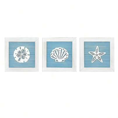 Ocean Theme Wall Decor Set Of 3, 7x7 In Rustic Beach Starfish Seashell And Sand Dollar Wooden Bathroom Decor For Lake House Home Room Nautical Gifts