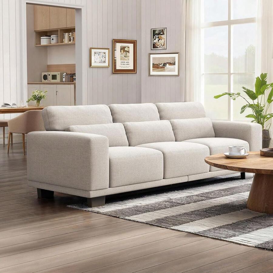 89" Sofa, 3 Seater Couch For Living Room, Modern Sofa With Deep Seats Supportive Cushion And Wide Armrests, Easy To Clean With Removable Covers, Linen Fabric, Beige,23107375 - Màu be - Xem 1