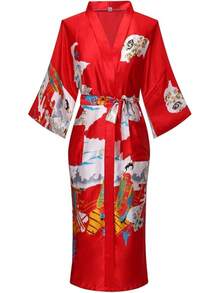 DandyChic Women's Long Floral Satin Robes Imitation Silk Sleepwear Bridal Dressing Gown For Bridesmaid Nightgownhalloween - 紅色 - 查看 10