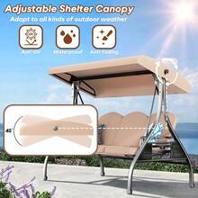 ZZW 3 Seat Outdoor Porch Patio Swing With Stand 800lbs 2-In-1 Convertible Swing Bed With Adjustable Canopy & Removable Cushion For Yard Garden Deck - 卡其色 - 查看 4