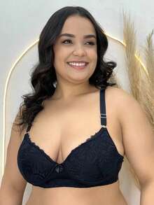 Plus Size Bra With Reinforced Microfiber Lace - 黑色 - 查看 1