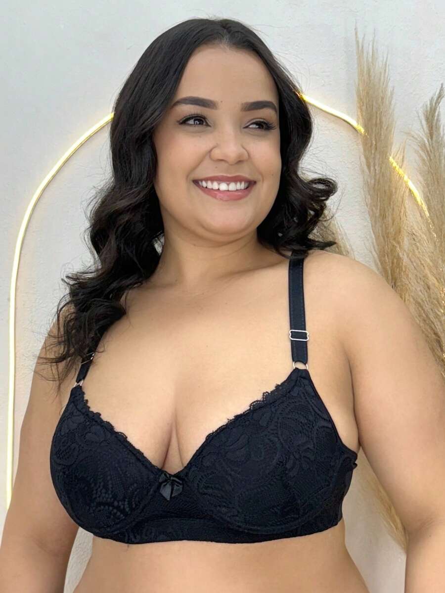 Plus Size Bra With Reinforced Microfiber Lace - 黑色 - 查看 1