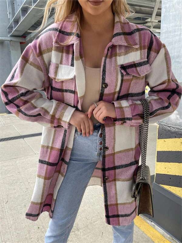 Jachetă casual în carouri pentru femei, cu nasturi în față și umeri căzuți, toamnă