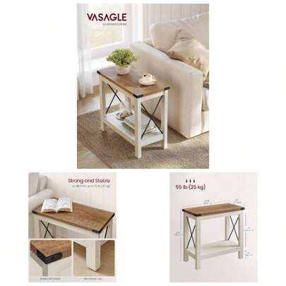 2 - Tier Side Table, End Table With Bottom Shelf, Nightstand Small Spaces, Living Room, Bedroom, Farmhouse Style, Rustic White And Honey Brown LET235W