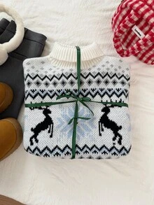 Christmas Snowflake & Reindeer Jacquard Knit Pullover Sweater, Casual Daily Wear, Autumn/Winter - White - View 2