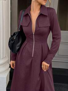 UrbanChic 腰线拉链超宽裙摆长裙，万圣节，秋季连衣裙，婚礼宾客礼服，老款风格 - 中紫紅色 - 查看 2