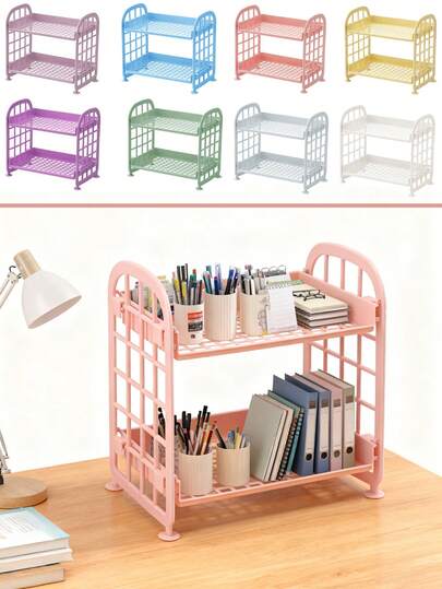 1pc Foldable Simple Storage Rack, Desk Organizer For Cosmetics, Stationery, Dual-Layer Multi-Purpose Plastic Storage Box, Suitable For Student Dorm, Office, Kitchen, Bedroom, Bathroom, Home