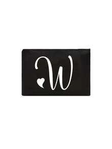 1pc Black Large-Capacity Cosmetic Bag, Printed With White Artistic Letters A-Z And A Heart Pattern,Hot-Selling Fashion Item Suitable For Travel, Toiletry, Multi-Functional Storage, Jewelry Storage, Coin Purse, Headphone Bag, Digital Storage Bag,Christmas Gifts,Pouch,Travel,Gifts For Women,Women's Necessaire,Travel Essential,Pouch,Clutch / Small Handbag,Necessaire,Makeup Organizer,Makeup Organize,Pouch,Brush Holder,Mini Pouch,Large Capacity Pouch