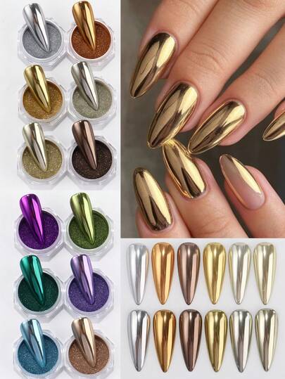 Set de 12 colores de polvo de espejo, polvo de uñas metálico ultrabrillante de oro, plata y cromo para manualidades de uñas de Navidad, decoración de uñas, suministros de uñas, polvo de uñas de otoño/invierno, polvo de uñas de tonos terrosos